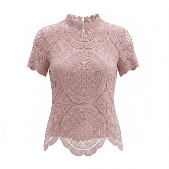 Ultra Pink Tops - Ultra Pink Dusty Rose Lace High Neck Short Sleeve Top
